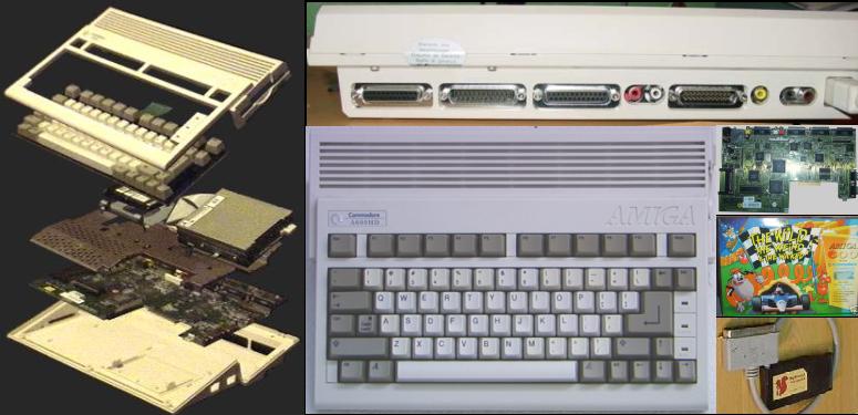Desglose del A600, vista trasera, vista frontal, placa base, uno de los muchos paquetes promocionales, tarjeta PCMCIA Squirrel SCSI